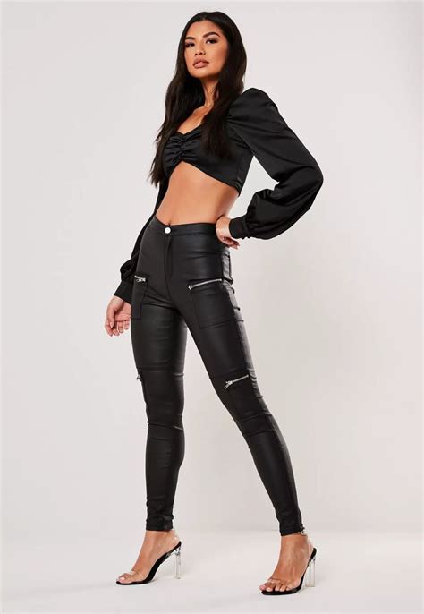 Missguided Tall Black Vice High Waisted Coated Zip Pocket Jeans In 2021 Black Coated Skinny