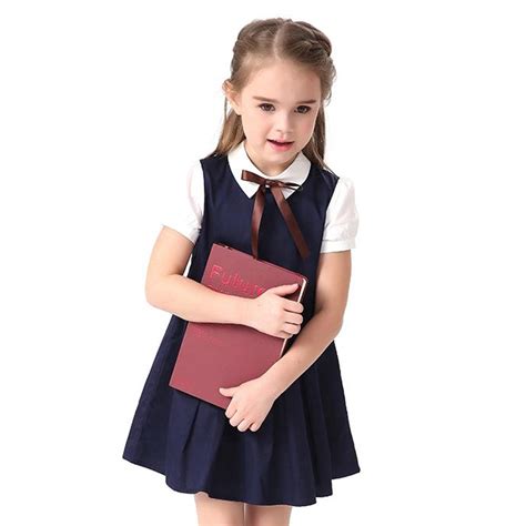 2017 Summer Blue Cotton Short Sleeve Pleated Kids School Uniform Dress