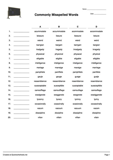 Commonly Misspelled Words Worksheet