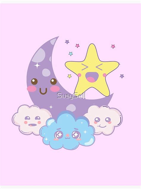 Kawaii Moon Stars And Clouds Poster For Sale By Susysell Redbubble