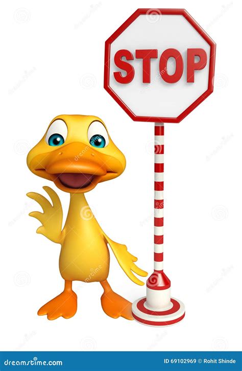 Cute Duck Cartoon Character With Stop Sign Stock Illustration