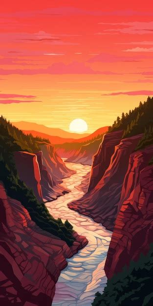 Premium Ai Image Cartoonish Sunset Scene Of Meandering River Cliff In
