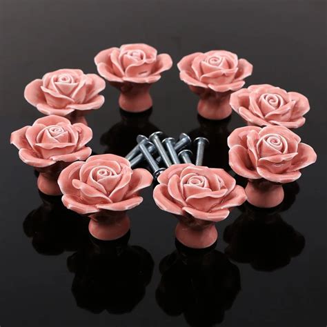 Pink Knobs Rose Flower Handles Pulls Dresser Knobs Ceramic Drawer Knobs