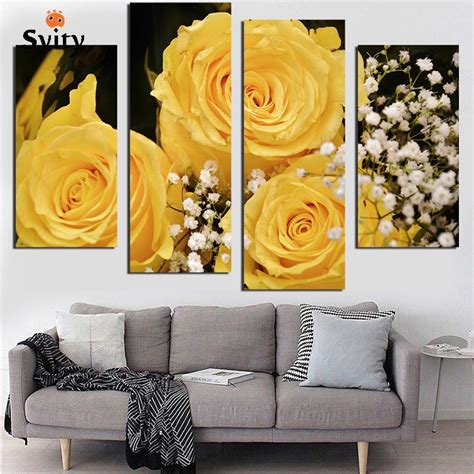 Svity Nordic 4pcs Canvas Painting Yellow Rose Flower Wall Art