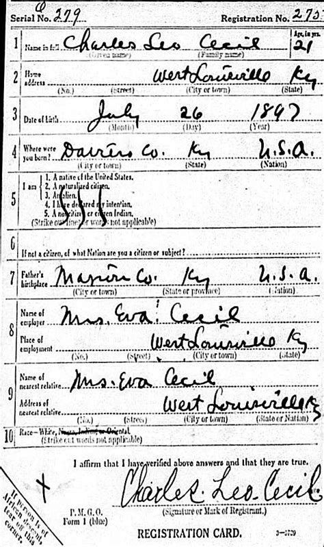 Us World War I Draft Registration Cards 1917 1918 For Charles Leo Cecil