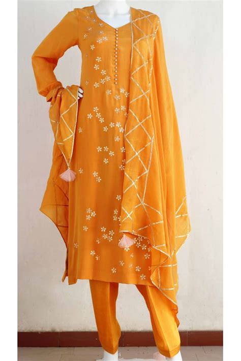 Saffron Yellow Gota Patti Phool Embroidered Kurta And Pakistani Salwar Set