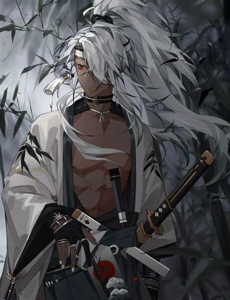 An Anime Character With White Hair Holding Two Swords In His Hands And