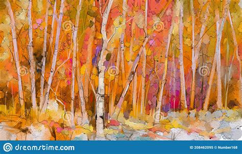 Oil Painting Colorful Autumn Trees Semi Abstract Image Of Forest