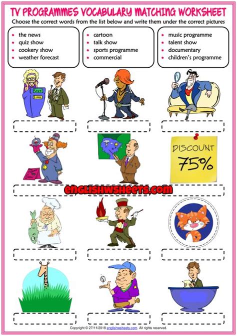 TV Programmes ESL Vocabulary Matching Exercise Worksheet Vocabulary