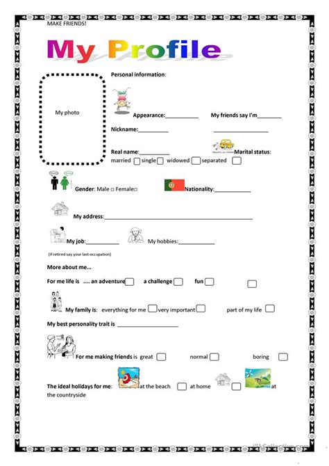 The profile can be listed as an overview or summary, or a headline that includes the candidate's job goal can be added above the profile to help get the. My profile worksheet - Free ESL printable worksheets made ...