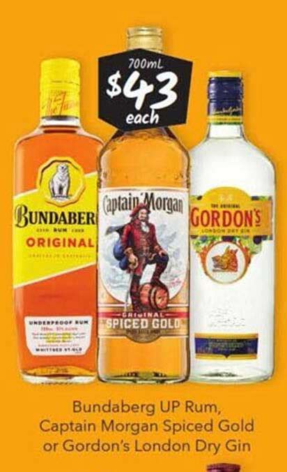 Bundaberg Up Rum Captain Morgan Spiced Gold Or Gordon S London Dry Gin