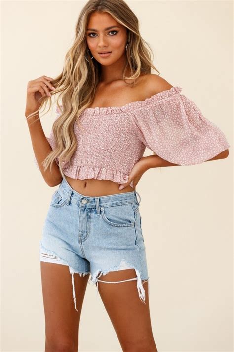 Meet Cute Shirred Bust Off Shoulder Crop Top Speckle Print Pink Off