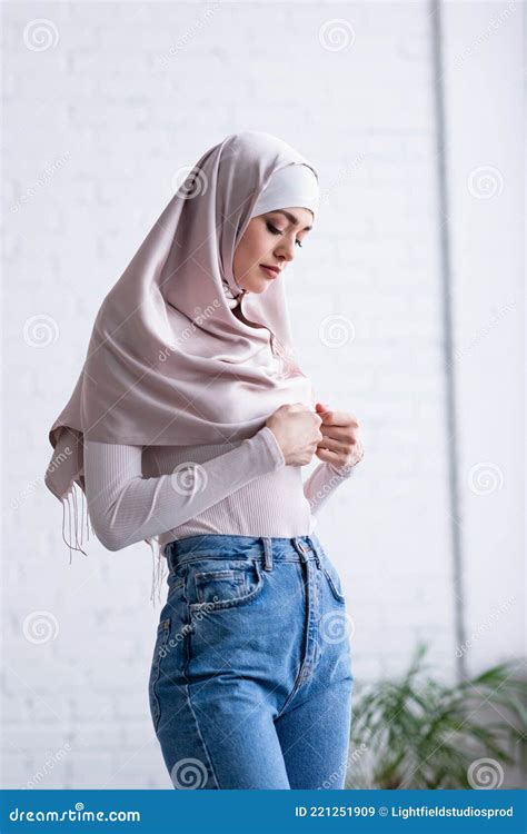 Shy Muslim Woman Touching Hijab While Stock Image Image Of Arab Woman 221251909