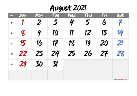 Printable Calendar For August 2021