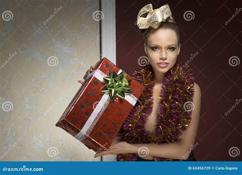 Woman With Tinsel And Christmas Git Stock Image Image Of Lady