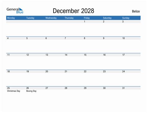 Editable December 2028 Calendar With Belize Holidays