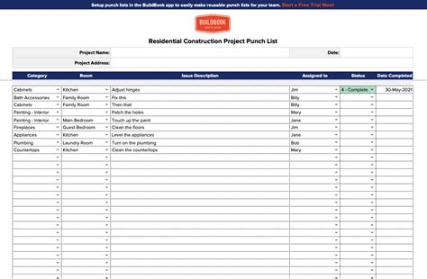Free Construction Punch List Template Buildbook