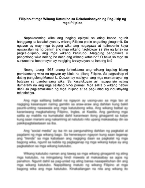 Solution Filipino At Mga Wikang Katutubo Sa Dekolonisasyon Ng Pag
