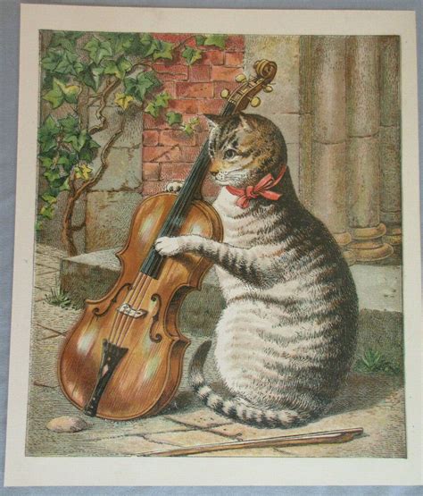 Cat And The Fiddle Cat With Violin Antique Lithograph Cat Art Print