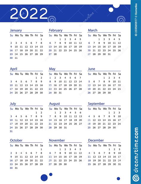 Simple Pocket Calendar 2022 Year On White Background Stock Vector