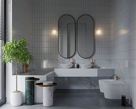 Give a white bathroom a hint of colour with clever bathroom lighting ideas. حمام های مدرن خاکستری و سفید برای خانه های لاکچری