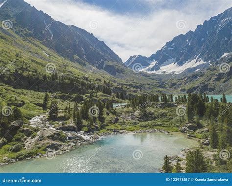 Kuiguk Valley Lake And Waterfall Altai Mountains Russia Stock Image