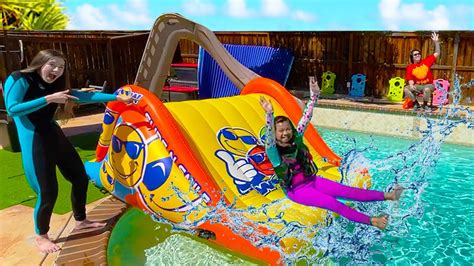 Emma And Ellie Pretend Play Going Swimming In The Pool With Giant Inflatable Slide Youtube
