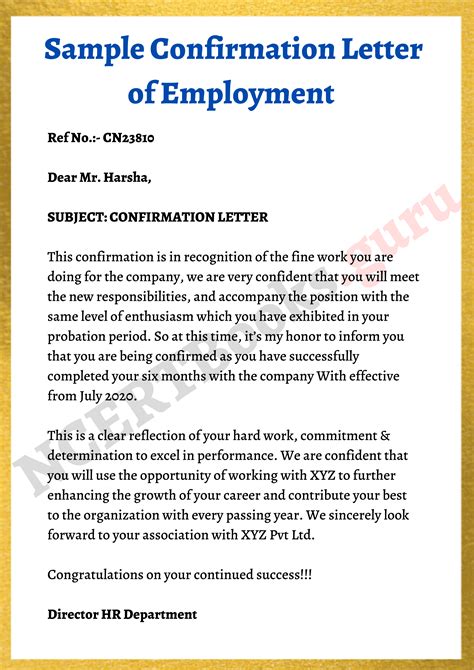 Confirmation Of Employment Reference Letter