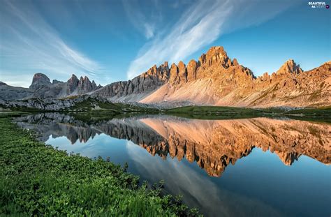 Lake Dolomites Reflection Paternkofel Mountain Mountains Plants
