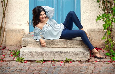 Model Actress Smiling Hands In Hair Blue Tops Jeans Outdoors Indian