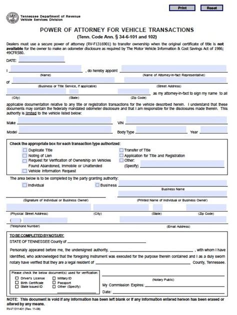 Free Motor Vehicle Power Of Attorney Tennessee Form Adobe Pdf