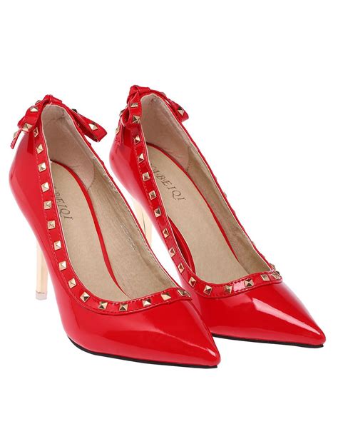 Red Bow Rivet High Heel Shoes Sheinside Com Red High Heel Pumps