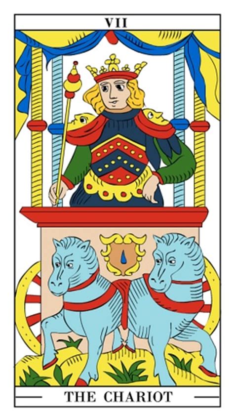 The figure sits underneath a blue canopy adorned by white stars. The Chariot - Meaning | Monthly Tarot Card