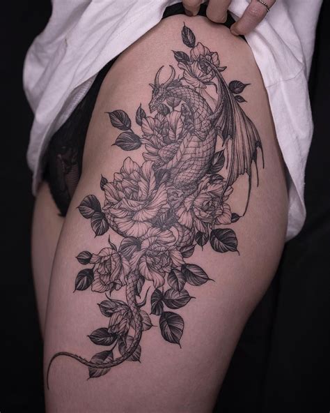 Dragon With Flowers Tattoo Dragon Thigh Tattoo Hip Tattoos Women
