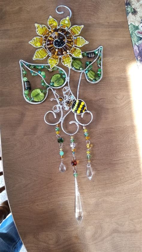 Wirewrapped Beaded Sunflower Suncatcher With Bumblebee Beads And Wire