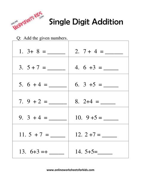 Single Digit Addition Worksheets For First Grade 1