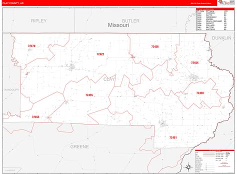 Clay County Ar Zip Code Wall Map Red Line Style By Marketmaps