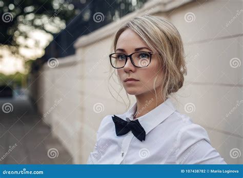 Portrait Of Beautiful Blonde Girl In Glasses Stock Photo Image Of