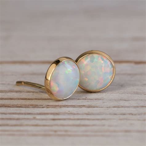 14K Opal Stud Earrings 14k Gold Earrings White Opal Etsy