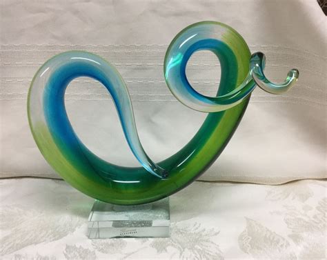 Murano Italy Art Glass Sculpture Hand Blown Swirls Green And Blue Abstract Glass Art Sculpture