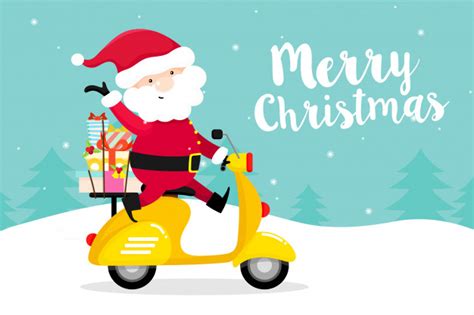Tarjeta De Felicitación De Navidad Con Santa Claus Con Moto Vector Premium