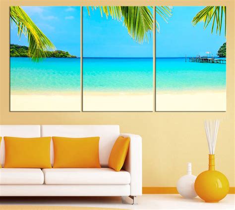 Sea View And Palms Large Wall Art Canvas Print Blue Tropical Beach