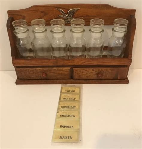 Vintage Made In Japan Wooden Spice Rack 6 Clear Bottles