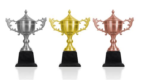 Closeup Of Trophies Against White Background Stock Photo Download