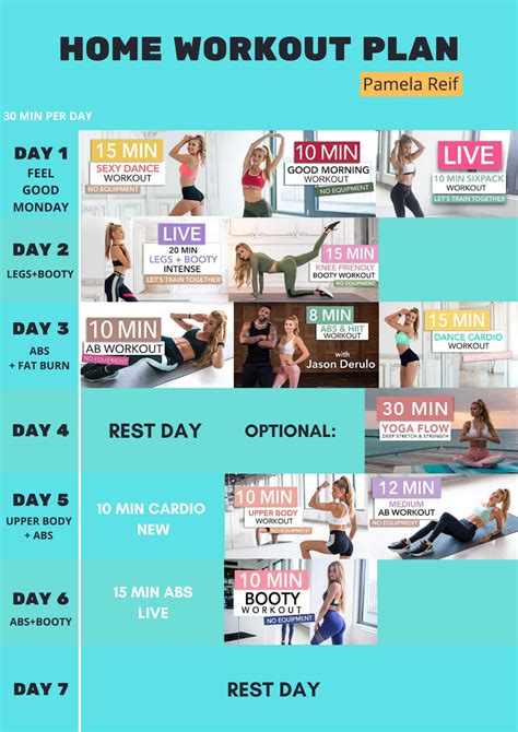 There's workouts and exercises for body weight, bands, and dumbbells. Pamela Reif - weekly home workout plan