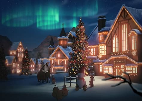 Green Northern Lights Snow Covered Christmas Village Backdrop Stage