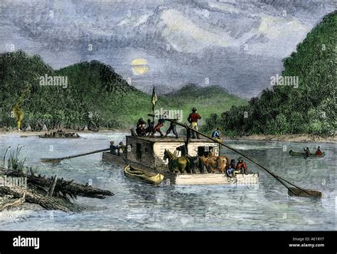 Flatboat Of Settlers Descending The Ohio River 1800s Hand Colored