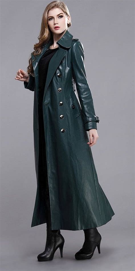 Gorgeous Green Leather Trench Coat With Silver Buttoned Front With