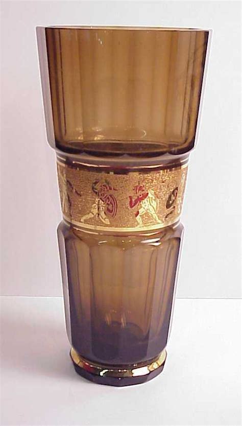 36 Moser Amber Glass Vase With Gold Etched Overlay 1