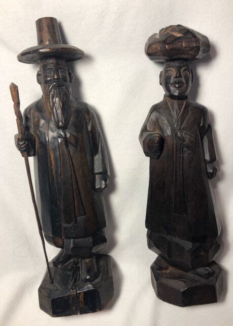 Wooden Asian Man And Woman Hand Carved Statues Figurines Vintage Ebay
